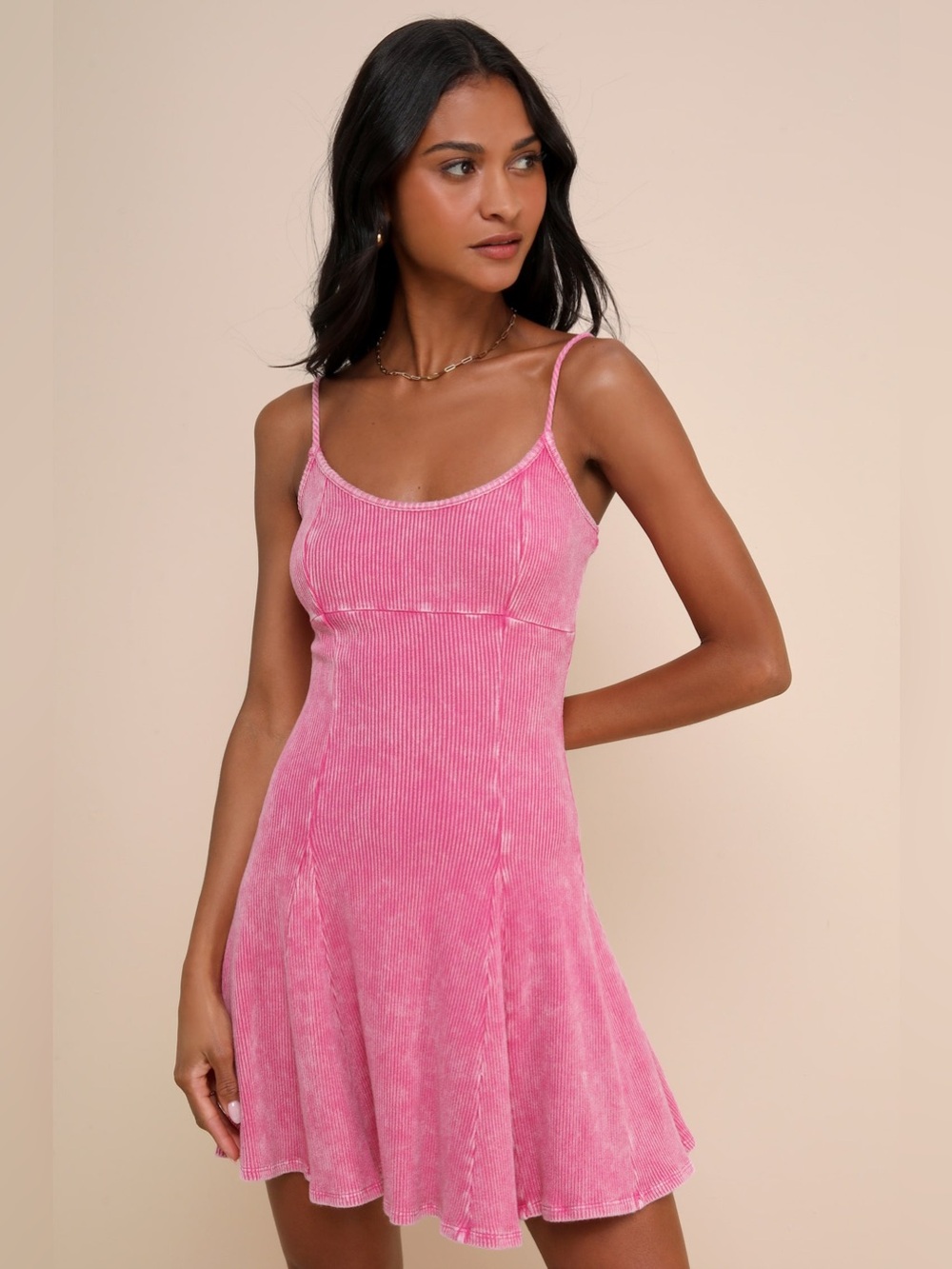 LULUS Rib Knit Cotton Empire Waist Pleated Skirt Y2K Coquette Girl Slip Dress M